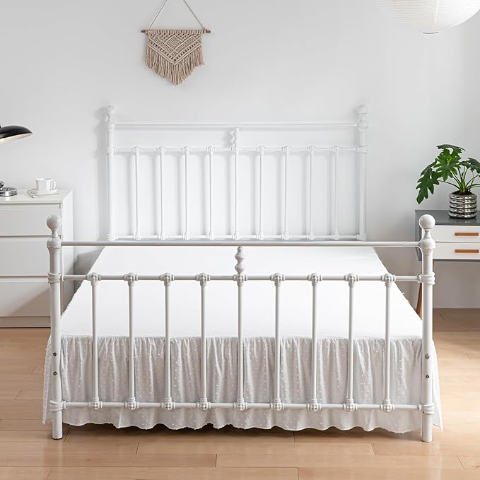 Tufted Dot Bed Skirt Queen Size Ruffled Bed Skirt with Split Corners, 12 Inch Drop Dust Ruffle Bed Skirts with Platform, White
