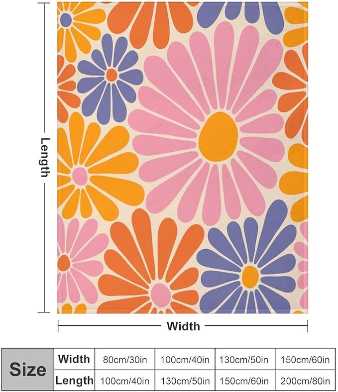 1970s Hippie Floral Throw Blanket, Retro Orange Pink Blue Flower Boho Groovy Daisy Flowers Comfortable Blanket for Couch Sofa Couch Chair 40"x50"