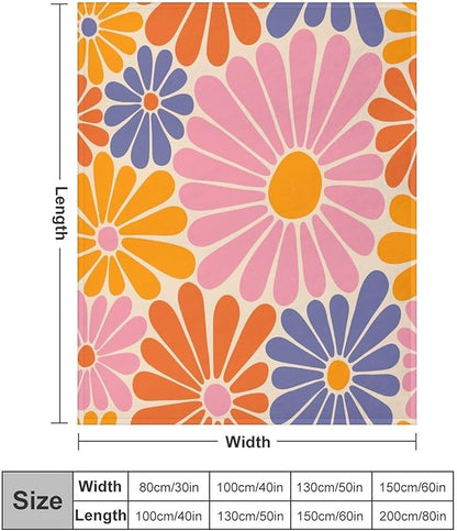 1970s Hippie Floral Throw Blanket, Retro Orange Pink Blue Flower Boho Groovy Daisy Flowers Comfortable Blanket for Couch Sofa Couch Chair 40"x50"