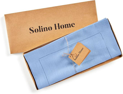 Solino Home Linen Cornflower Blue Hemstitch Table Runner 60 Inches - 100% Pure Linen Table Runner 14 x 60 Inch Ideal for Dresser and Coffee Tables - Classic Hemstitch - Christmas, Holiday, New Year