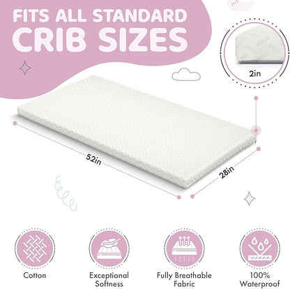 2” Crib Mattress Topper Memory Foam - Waterproof Breathable Soft Washable Cover 52” x28” x 2” Fits Standard Size Cribs & Toddler Beds by Sleepah