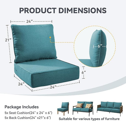 Outdoor Cushion Set for Furniture Patio Furniture, UV Resistant, Water Resistant - 6 Inch Thick Foam Garden Cushions– 24x24 Inch Patio Seat Covers for Chair/Sofa/Couch | Peacock Green | 5-Pack |