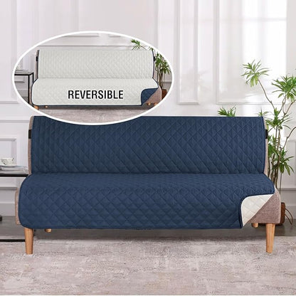 H.VERSAILTEX Reversible Futon Cover Water Repellent Armless Sofa Slipcover Washable Furniture Protector with Adjustable Elastic Strap Anti-Slip Futon Bed Cover for Dogs 70" Width Seat(Navy/Beige)