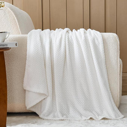 NEWCOSPLAY Super Soft Queen Blanket White Premium Silky Flannel Fleece Leaves Pattern Lightweight Bed Blanket All Season Use (White, Queen(90"x90"))