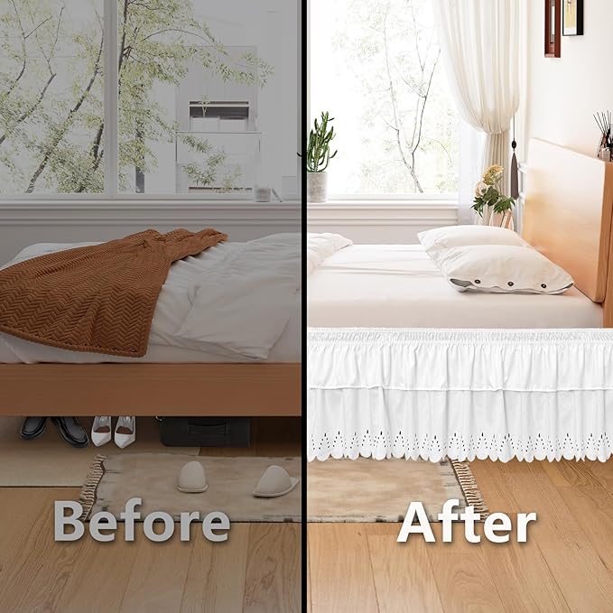 Twin Bed Skirt, Double-Layered Ruffled Eyelet Bed Skirt, Wrap-Around Elastic Dust Ruffle Twin Size with Gathered Styling and Embroidered Details, 18" Drop Length (White)