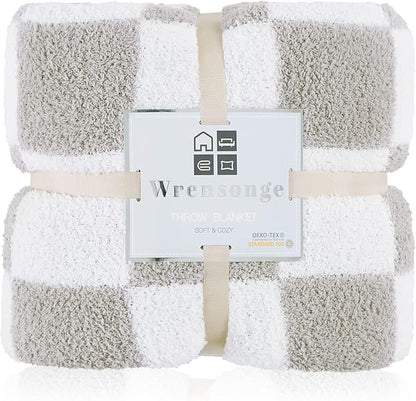 WRENSONGE Checkered Throw Blanket, Light Grey Soft Cozy Fluffy Warm Hand Made Throw Blankets for Couch, Sofa, Chair, Bed, Camping, Picnic, Travel Lightweight Bed Blanket - 60 * 80