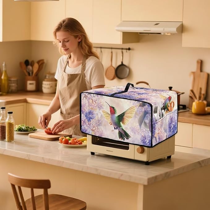 Hummingbird Hydrangea Floral Print Dust Cover for Microwave Oven Waterproof Heavy Duty Microwave Oven Cloth Cover with Storage Pockets Kitchen Appliance Protector, S