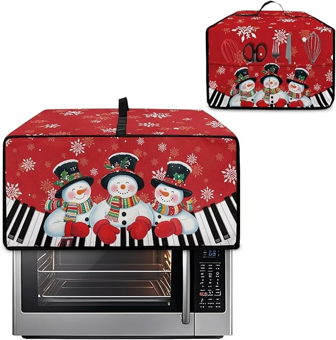 Christmas Air Fryer Toaster Oven Cover with Side Pockets, Holiday Festival Decor Electrical Appliance Cover Kitchen Countertop Accessories and Decor, L, Snowman Piano Keys Snowflake Red