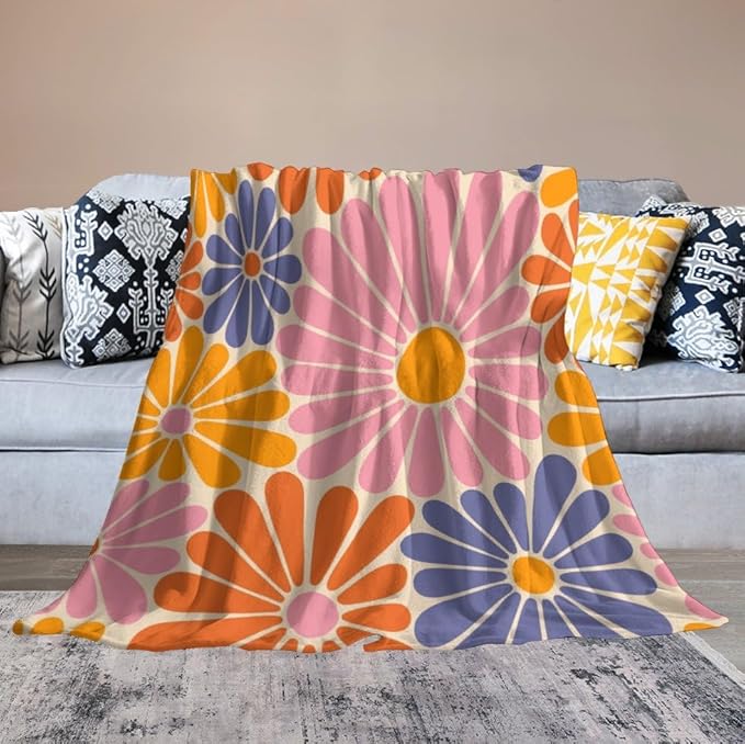 1970s Hippie Floral Throw Blanket, Retro Orange Pink Blue Flower Boho Groovy Daisy Flowers Comfortable Blanket for Couch Sofa Couch Chair 60"x80"