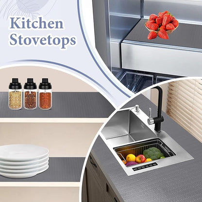Drawer and Shelf Liner for Kitchen Cabinet: 17 in X 30 Ft Non Slip Waterproof Shelf Paper Non Adhesive Refrigerator Liners Gray Easy Liners for Bathroom Cupboard with Knife Tape Measure