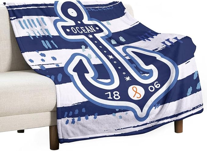 Nautical Anchor Blanket Modern Cartoon Anchor Ocean Adventure Blue White Soft Cozy Lightweight Throw Blanket for Kids Boys Men Bedroom Living Room Dorm Chair Sofa Travel 60x80in