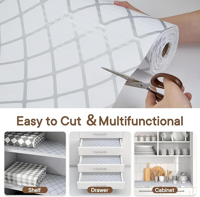 Shelf and Drawer Liner for Kitchen Cabinets Non-Adhesive, Strong Grip Non-Slip Thickened Cabinet Liners for Shelves, Waterproof Mats for Dresser Cupboard, Silver Stripe, 24 in x 20 Feet