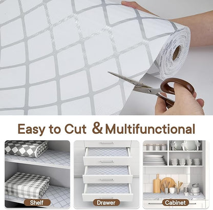 Shelf and Drawer Liner for Kitchen Cabinets Non-Adhesive, Strong Grip Non-Slip Thickened Cabinet Liners for Shelves, Waterproof Mats for Dresser Cupboard, Silver Stripe, 17 in x 20 Feet