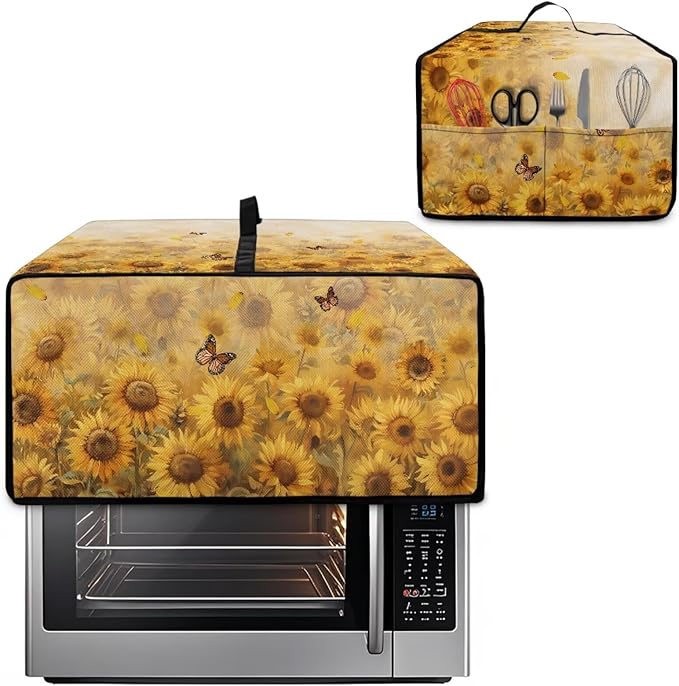 Microwave Oven Cover Dustproof Air Fryer Toaster Oven Protector with Storage Pockets, Stain-resistant Small Appliance Cover for Kitchen Decor, S, Sunflower Butterfly