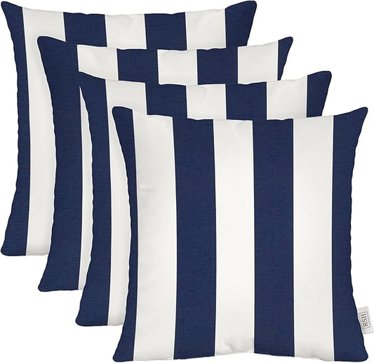 RSH DECOR: Square Throw Pillows Set of 4 | 17” x 17” | All-Weather Spun Fabric | Water and Fade-Resistant | Outdoor Accent Pillows for Patio Furniture | Navy Blue & White Stripe - Made in USA