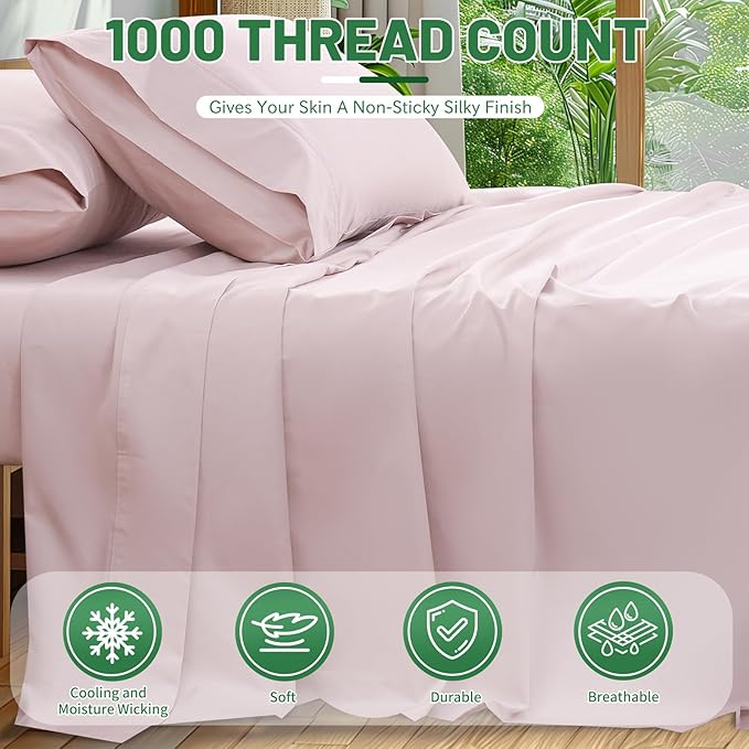 100% Egyptian Cotton Sheets Cal King Sheet Set 4PCS 1000 Thread Count Sateen Weave Soft Breathable 16-Inch Deep Pocket（California King,Light Pink）