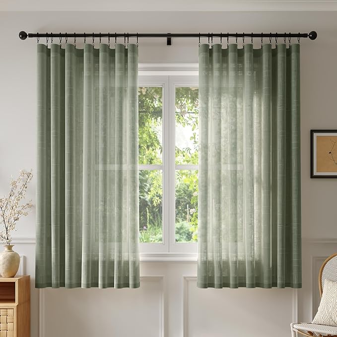 Anmao Natural Linen Curtains for Living Room 54 Inch Length 2 Panels Set, Light Filtering Semi Sheer Window Curtain Drapes for Bedroom with Curtain Rings and Clips, 52Wx54L, Olive Green