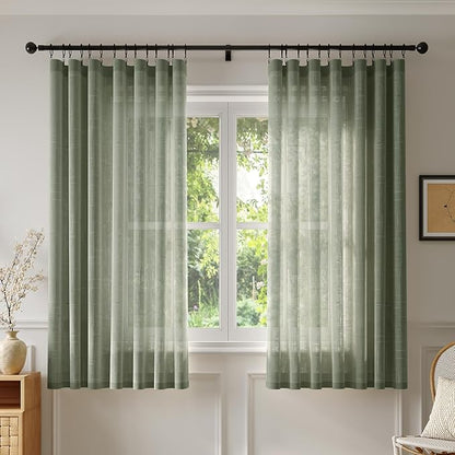 Anmao Natural Linen Curtains for Living Room 54 Inch Length 2 Panels Set, Light Filtering Semi Sheer Window Curtain Drapes for Bedroom with Curtain Rings and Clips, 52Wx54L, Olive Green