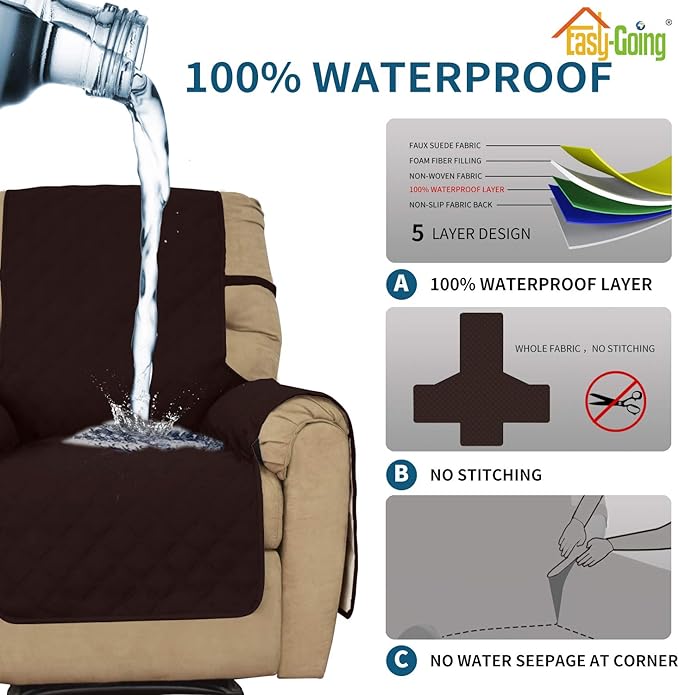 Easy-Going Sofa Slipcover Waterproof Recliner Chair Cover Non-Slip Fabric Couch Cover for Living Room Washable Furniture Protector for Pets Kids Children Dog Cat (Recliner, Chocolate)