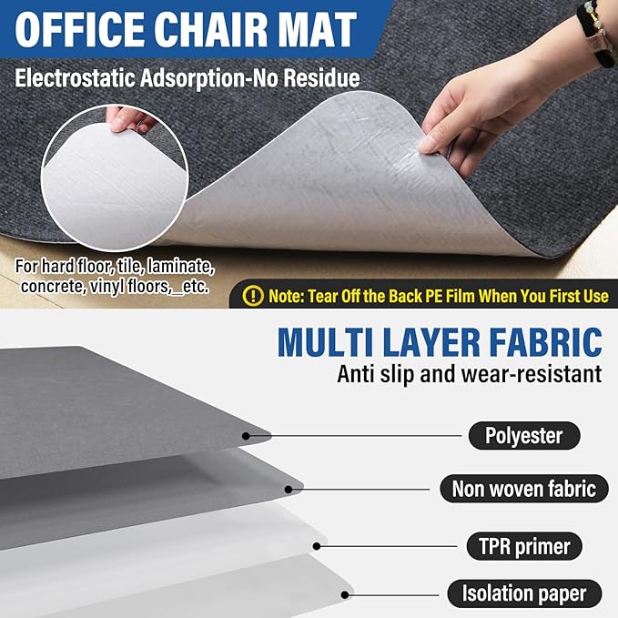 Office Chair mat for Hardwood Floor,55"x35" Anti-Slip Floor Protector for Home Office,Under Desk Mat,Computer Chair mat for Rolling Chairs Dark Grey