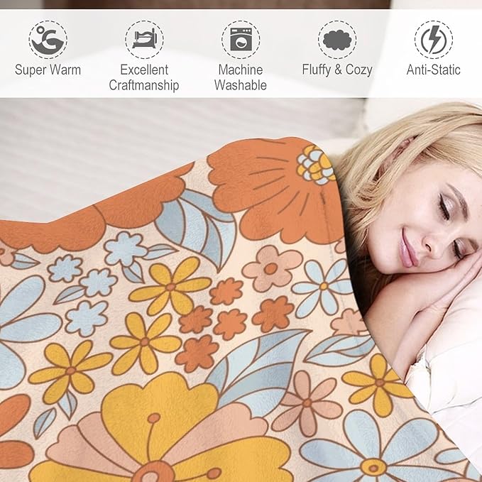 Retro 70s Floral Blanket, Hippie Summer Groovy Flower Power Flower Boho Print Throw Blanket for Couch Sofa Couch Chair 30"x40"