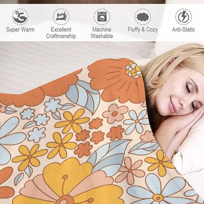 Retro 70s Floral Blanket, Hippie Summer Groovy Flower Power Flower Boho Print Throw Blanket for Couch Sofa Couch Chair 30"x40"