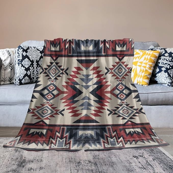 Southwest Blanket, Tribal Indian Throw Blanket Red Black Aztec Ethnic Geometric Print Blanket for Couch Bed Sofa Cover Throw Home Decor 40"x50"
