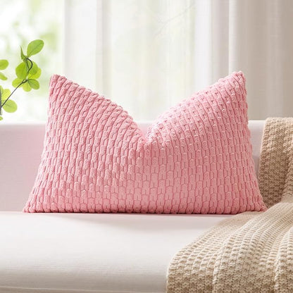 Kevin Textile Valentines Day 12x24 Inch Pillow Cover 1 Pack Boho Decorative Soft Striped Corduroy Lumbar Farmhouse Accent Rectangle Cushion Case for Living Room Couch Sofa Bed, Pink