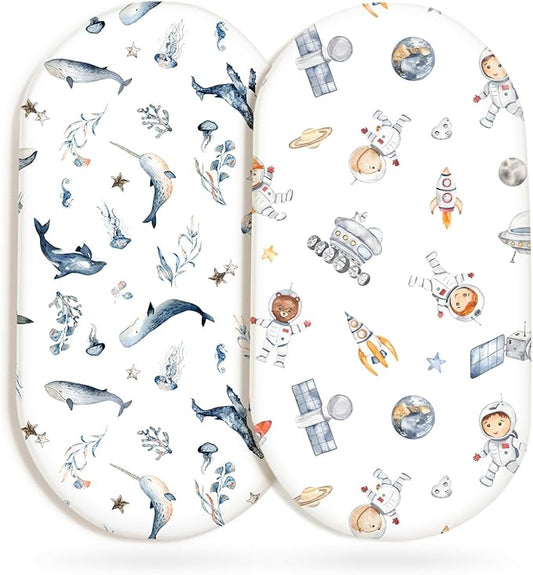 GRSSDER Stretchy Ultra Soft Fitted Bassinet Sheet Set 2 Pack, Universal Fit for Bassinets Baby Cradle Moses Basket Oval Rectangle Mattress Safe and Snug, Sea Fish & Space Stylish Print