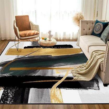 9CH Fashion Modern Area Rug 7' X 5', Abstract Art Painted Black White Gold Foil Modern Artwork Area Rug Non-Slip Carpet for Living Room Bedroom Dining Room