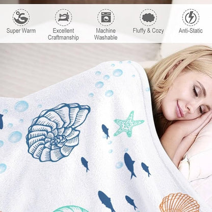 Nautical Coastal Blanket, Starfish Seashell Coral Beach Themed Drapes Ocean Orange Blue Teal Conch Print Throw Blankets for Sofa Couch Bed Room Birthday Decor, 30"x40"