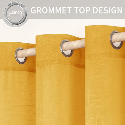 MIULEE 2 Panels Natural Linen Sheer Window Curtains Elegant Mustard Yellow Fall Drapes Grommet Top Window Voile Panels Linen Textured Panels for Bedroom Living Room (52X90 Inch)