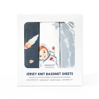 GRSSDER Stretchy Ultra Soft Fitted Bassinet Sheets 3 Pack, Universal Fit for Baby Cradle Moses Basket Oval Rectangle Mattress Safe and Snug, Space Print
