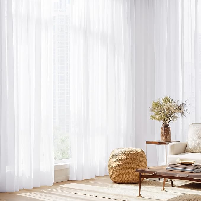 NICETOWN White Sheer Curtains 120 inches Long 4 Panels, 42 inch Wide Rod Pocket Light Filtering Drapes Translucent Modern Voile Airy & Breathable Window Treatment for Living Room