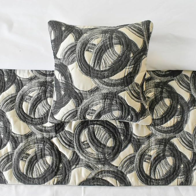 The HomeCentric King/Queen/Twin Black Decorative King 90"x18" Bed Runner with 2 Pillow Cover, Circle, Rings, Quilted Bed Scarf on Jacquard Fabric - Circlewise
