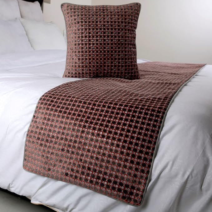 The HomeCentric Grey Bed Runner Without Pillow Cover, Twin Size 53"x18" Decorative Bed Runner, Peach & Grey Velvet Bed Scarf in Sequins Embroidery - Ditto Dots