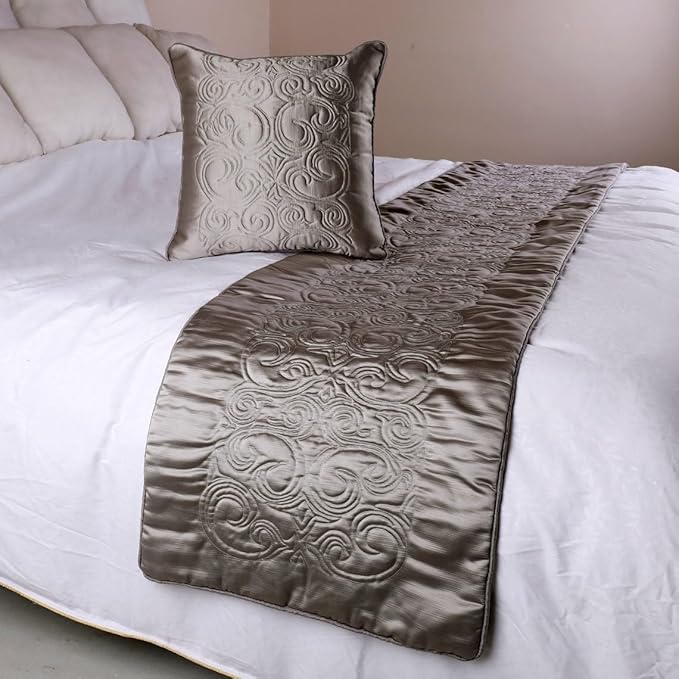 The HomeCentric Decorative Silver CA King 86 x 18 inch Bed Runner with 2 Pillow Cover, Satin Quilted Bed Scarf, Abstract Modern - Silver Soft