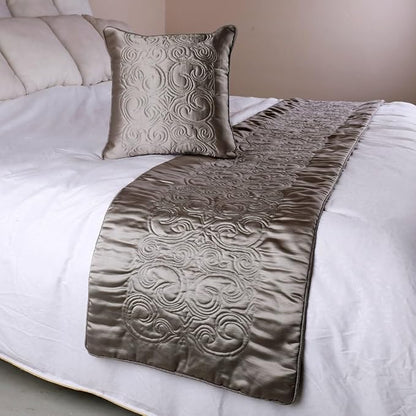 The HomeCentric Designer Silver Full 68 x 18 inch Bed Runner Without Pillow Cover, Satin Quilted Bed Scarf, Abstract Modern - Silver Soft