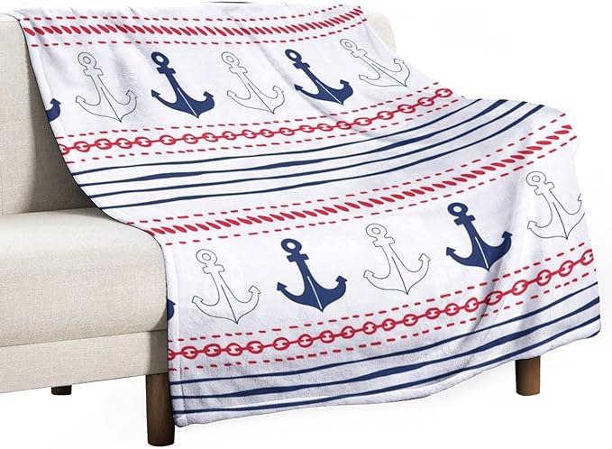 Anchor Blanket Vintage Navy Blue Red Stripe Nautical Anchor Abstract Art Printed Soft Cozy Lightweight Throw Blanket for Kids Girls Boys Women Bedroom Living Room Dorm Chair Sofa Travel 70x80in
