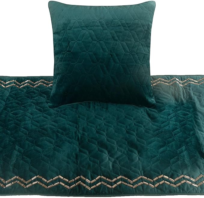 The HomeCentric King Queen Twin Teal Blue Handmade King 90"x18" Bed Runner with Pillow Cover, Quilted & Crystals Bed Scarf on Velvet Fabric - Teal Diamond Symphony