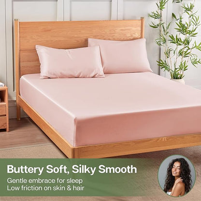 MR&HM Queen Fitted Sheet Only, Ultra-Soft Rayon Derived from Bamboo & Polyester Blend, Silky & Breathable, 15" Deep Pocket with Elastic Straps, Cooling Fitted Sheet for Hot Sleepers, Pink