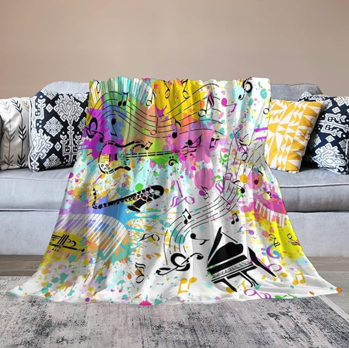 Music Blanket Colorful Graffiti Piano Keys Music Note Modern Abstract Art Print Soft Cozy Lightweight Throw Blanket for Kids Girls Boys Bedroom Living Room Dorm Chair Sofa Travel 50x60in