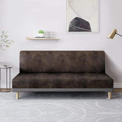 molasofa Leather Like Stretch Futon Slipcover Armless Futon Bed Sofa Cover Furniture Protector with Elastic Bottom, Soft and Washable Futon Cover for Sofa Bed Stay in Place（Medium，Dark Brown）