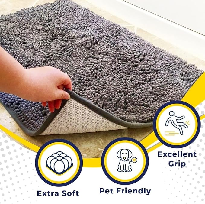 Muddy Mat® AS-SEEN-ON-TV Highly Absorbent Microfiber Door Mat and Pet Rug, Non Slip Thick Washable Area and Bath Mat Soft Chenille for Kitchen Bathroom Bedroom Indoor and Outdoor - Grey XXXL 72"X48"