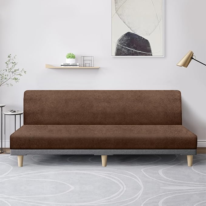molasofa Leather Like Stretch Futon Slipcover Armless Futon Bed Sofa Cover Furniture Protector with Elastic Bottom, Soft and Washable Futon Cover for Sofa Bed Stay in Place（X Larger，Light Brown）
