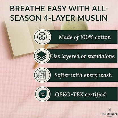 Cloud Scape Linen Extra Large 4 Layer Muslin Throw Blanket - 100% Cotton Gauze, Lightweight & Breathable All Season, Pre-Washed, for Couch & Bed, 50x70, Seashell Pink