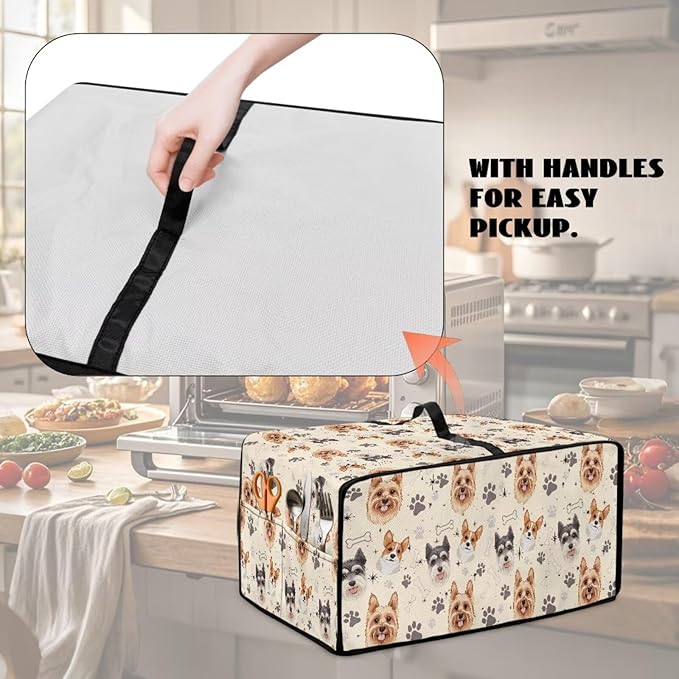 Air Fryer Toaster Oven Dust Cover Washable Fabric Convection Oven Protector with Storage Pockets, S, Yorkshire Terrier Schnauzer Dog Bone Paw Beige Puppy Pattern