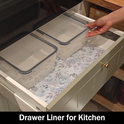Blue Floral Shelf and Drawer Liner for Kitchen,12IN x 20FT Non-Adhesive and Strong Non-Slip Peony Cabinet Drawer Liners for Kitchen Shelf, Waterproof Cupboard Liners,Easy to Clean