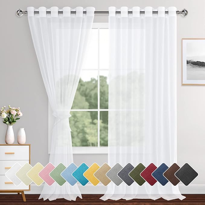XWZO Sheer Curtains for Bedroom, Light Filtering Privacy Grommet Solid Voile Window Curtains for Large Windows, Living Room, Sliding Glass Door with Tiebacks, White, W70 x L95, Set of 2 Panels