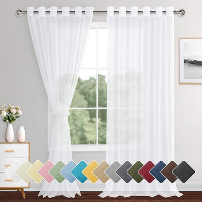XWZO Sheer Curtains for Bedroom, Light Filtering Privacy Grommet Solid Voile Window Curtains for Large Windows, Living Room, Sliding Glass Door with Tiebacks, White, W70 x L95, Set of 2 Panels